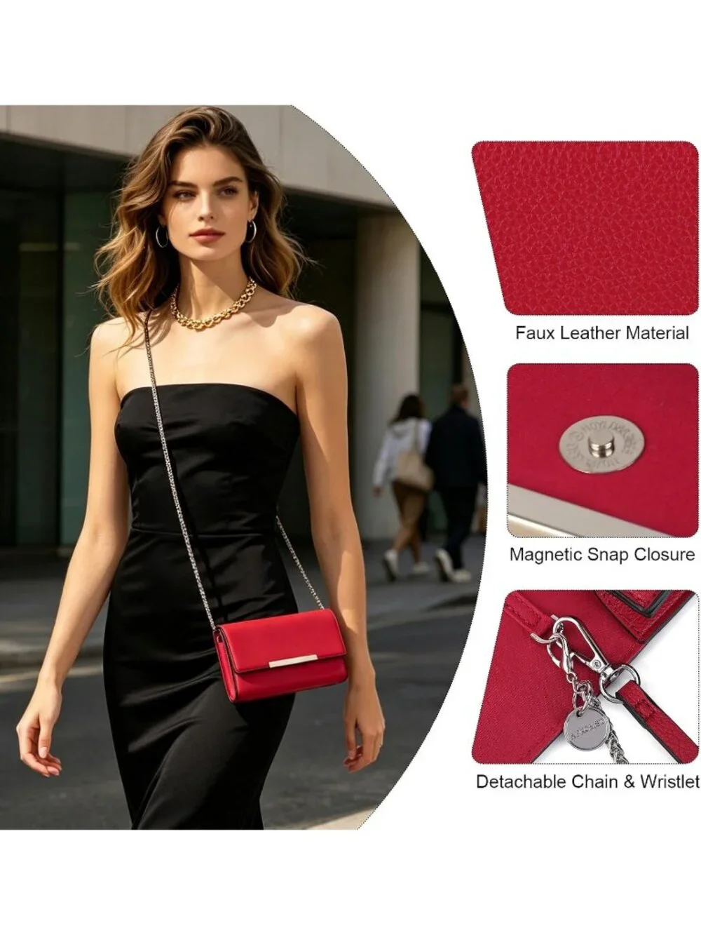 Women’s Red Clutch Purses Wristlet Vegan Leather Formal Evening Bag